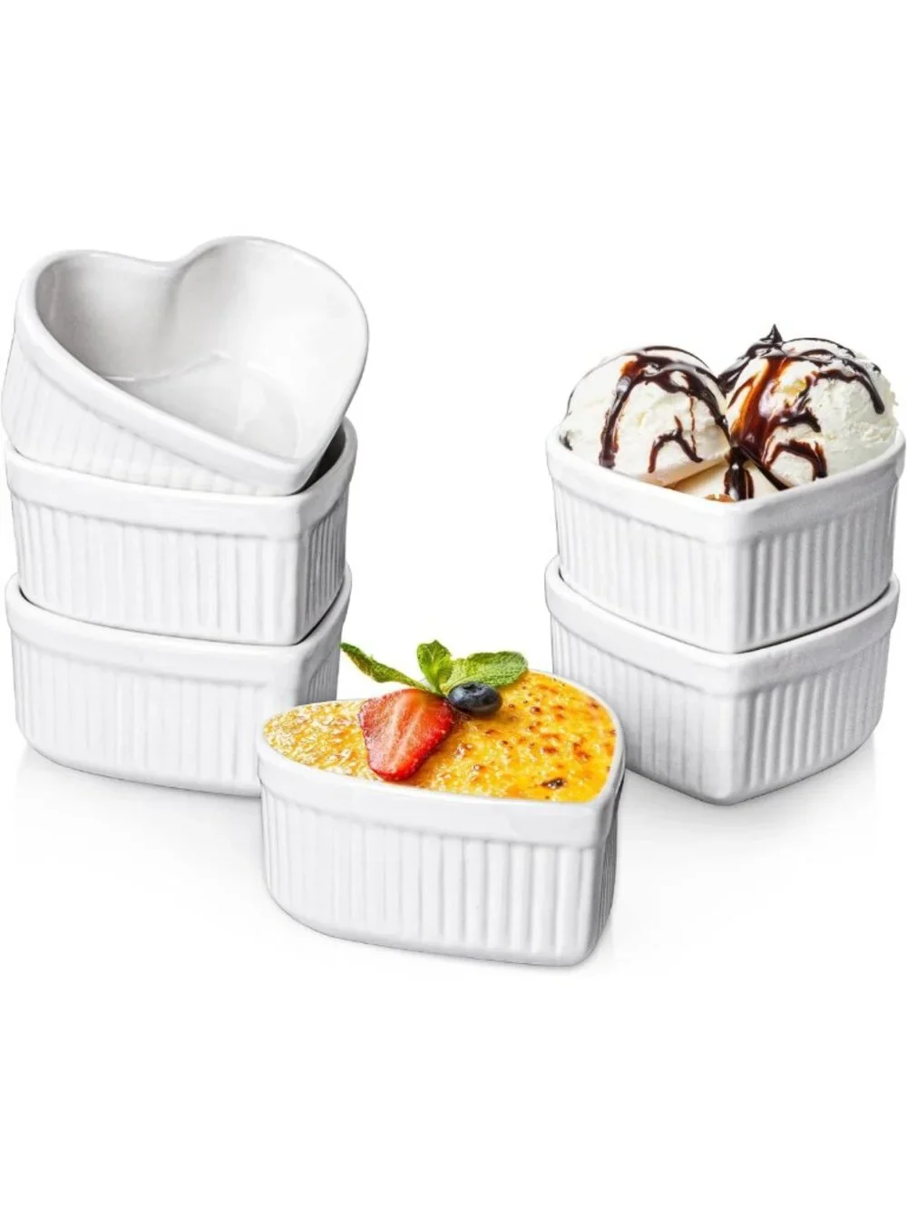 Heart Shaped Ramekins Set of 6 - 6 Oz Porcelain Baking Dishes for Souffle